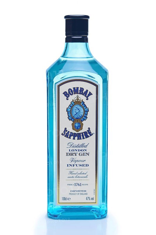 April 22, 2017, Belarus, Minsk, vertical photo of Bombay Sapphire bottle with shadow isolated on white, Europe