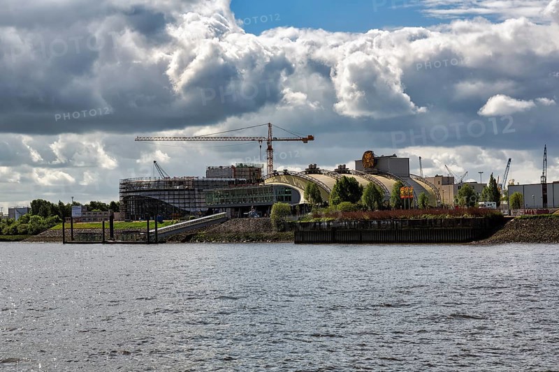 View from the Elbe to Theater im Hafen Hamburg, musical hall for The Lion King, construction cranes, Steinwerder, Hamburg, Germany, Europe