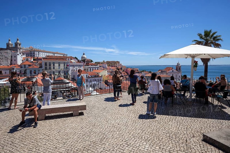 Miradouro Santa Luzia with a view of the historic centre of Lisbon, at the back left the monastery church of São Vincente de Fora, Alfama district, Lisbon, Portugal, Europe