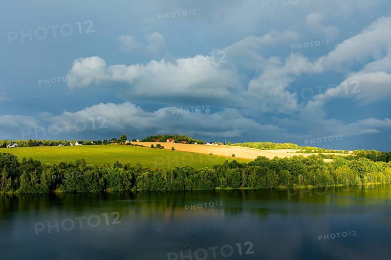 Rain clouds over the dam on a summer evening., Malter, Saxony, Germany, Europe