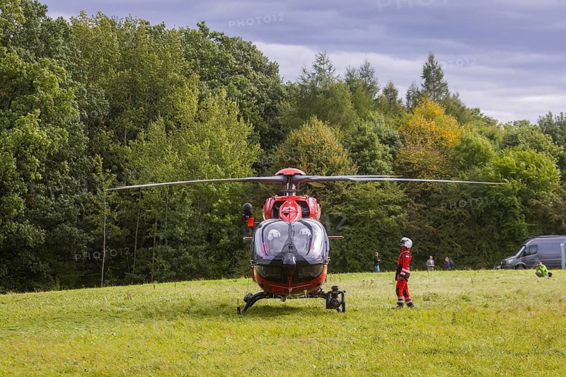 Winch rescue training of the rescue helicopter, Christoph 62, on the occasion of the 50th anniversary of the DRF Luftrettung. The rescue of casualties in the Elbe Sandstone Mountains will be practised