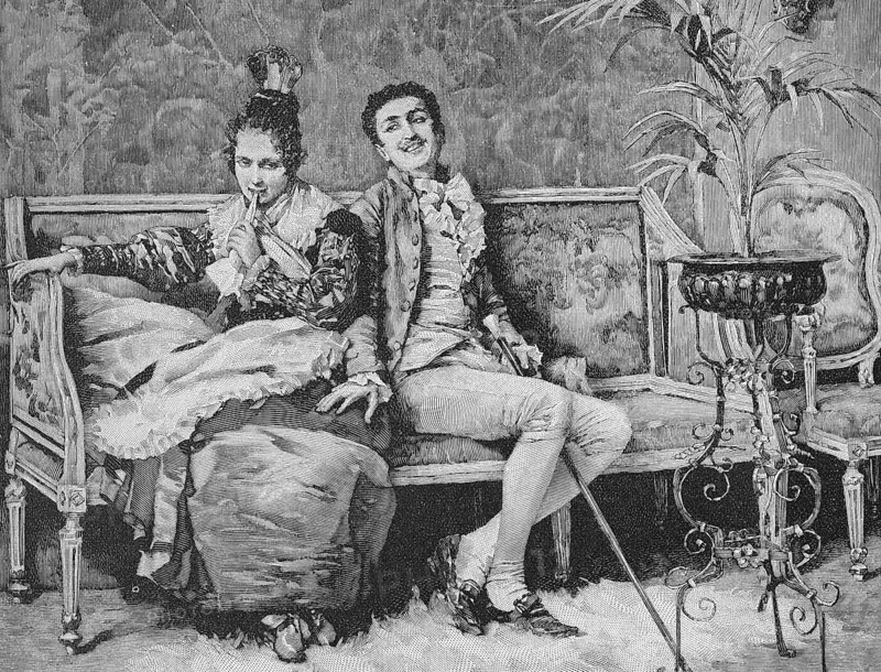 Young couple sitting on a sofa, relieved facial expression. Woodcut after a painting by P. Bedini, The End of the Thunderstorm, Historical, digitally restored reproduction of an original from the 19th century, exact original date not known