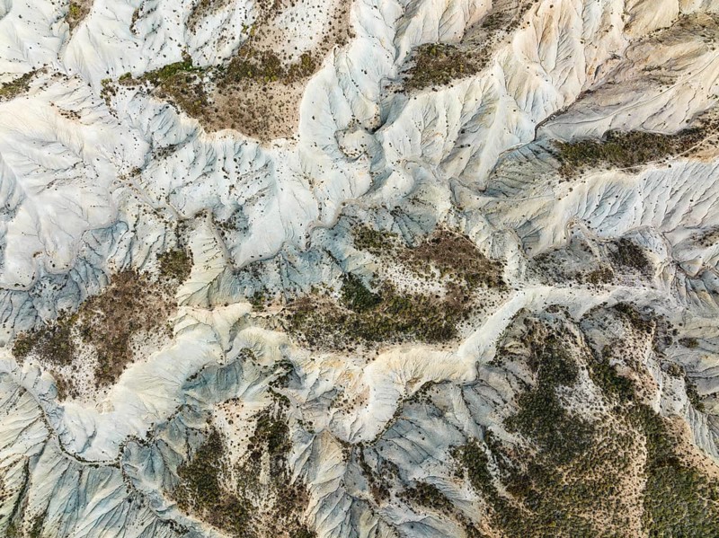 Bare ridges of eroded sandstone in the badlands of the Tabernas Desert, Europe's only true desert, aerial view, drone shot, Almería province, Andalusia, Spain, Europe