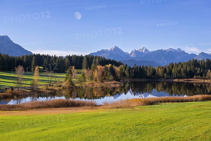 Photomontage, Hegratsrieder See near Füssen, moon, Allgäu Alps, Allgäu, Bavaria, Germany, Europe