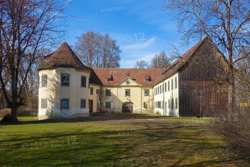 Old castle, classicist castle complex Krauchenwies from 1769 to 1785, three-winged building of early classicism, moated castle, historic building, architecture, cultural monument, castle ruins in the Princely Hohenzollern Park, castle in desolate condition, lost place, castle park, hipped roof, Krauchenwies, Sigmaringen district, Baden-Württemberg, Germany, Europe