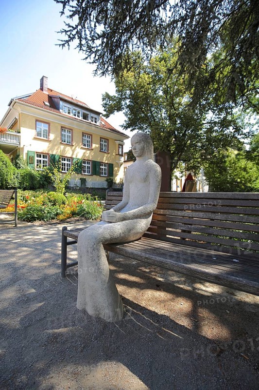 Sculpture Snow White on the Park Bench by Bettina Seitz 2015 in Lohr am Main, Lower Franconia, Franconia, Spessart, Bavaria, Germany, Europe