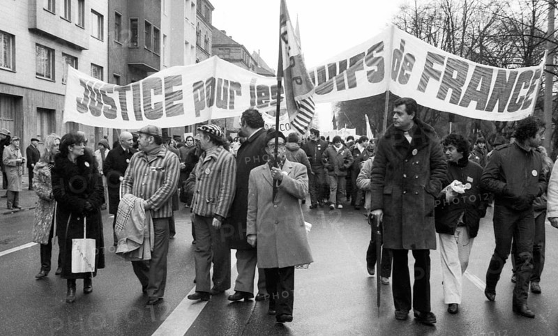 Organisations of French Jews and German Nazi victims demonstrated for a condemnation of Gestapo and SS man Kurt Lischka, who was responsible for the deportation of 76, 000 Jews in France during the war, in Cologne, Germany, 31 January 1980, Europe