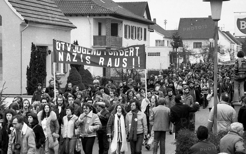 The party congress of the National Democratic Party of Germany (NPD) triggered protests against neo-Nazism, fascism and war on 08.12.1979 in Ketsch, Germany, Europe