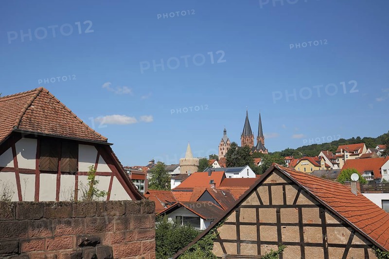 View from the Imperial Palace of the town with St. Mary's Church and the Witches' Tower in Gelnhausen, Hesse, Germany, Europe