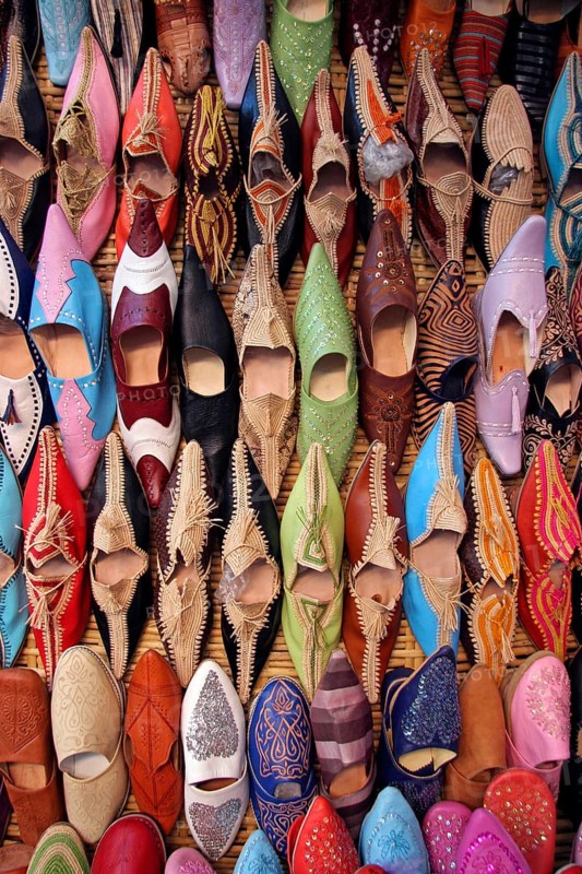 Colourful Moroccan mules, babouches at the market in Marrakech, Marrakech, Morocco, North Africa, Africa