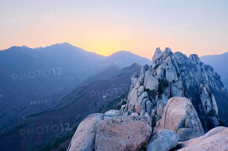 View of stones and rock formations from Ulsanbawi rock peak on sunset. Seoraksan National Park, South Corea