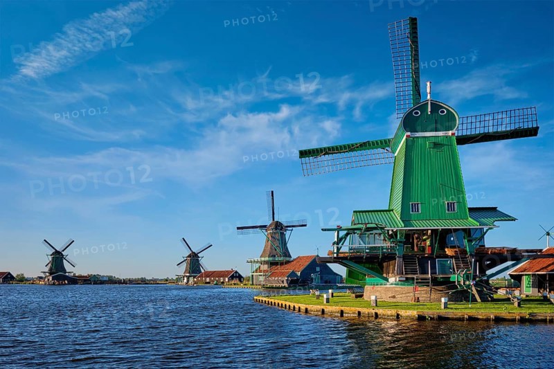 Netherlands rural lanscape Windmills at famous tourist site Zaanse Schans in Holland. Zaandam, Netherlands