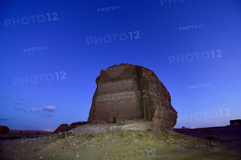 Qasr Al-Farid, 2000 year old tomb of the Nabataeans, blue hour, Hegra or Madain Salih, AlUla region, Medina province, Saudi Arabia, Arabian Peninsula, Asia