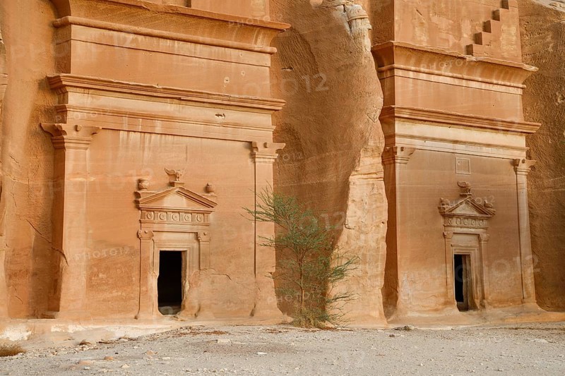 Nabataean tombs at the rock Qasr Al-Bint, Hegra or Mada'in Salih, AlUla region, Medina province, Saudi Arabia, Arabian Peninsula, Asia