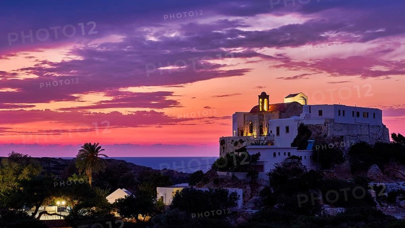 Dusk, sunset, cloudy sky, purple clouds, pink sky, Chrissoskalitissa, rock monastery, artificial light, Orthodox monastery, southwest tip, Chania province, Crete, Greece, Europe