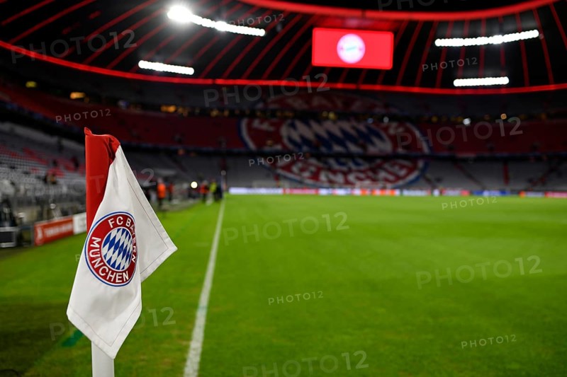 Overview interior Allianz Arena, empty, corner flag with logo FC Bayern Munich, scoreboard, Munich, Bavaria, Germany, Europe