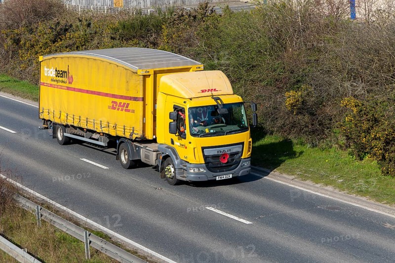DAF DHL heavy goods vehicle, A12, Suffolk, England, UK