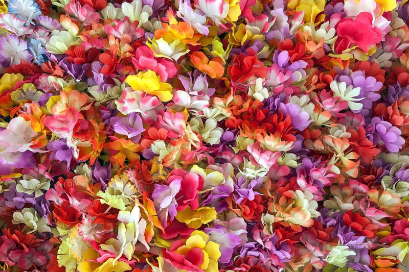 Colourful flowers, blossoms made of fabric, Lisbon, Portugal, Europe