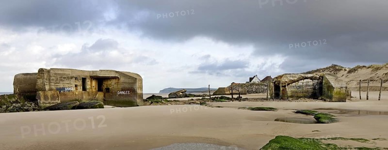 World War II concrete blockhouses on beach at Wissant, Nord-Pas de Calais, France, Europe