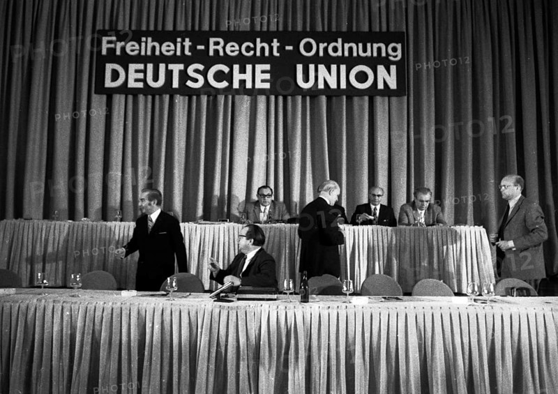 The attempt to found a new right-wing party, here the founding party conference of the German Union (DU) on 12.6.1971 in Düsseldorf, failed due to the resistance of the CDU/CSU parliamentary group, Germany, Europe