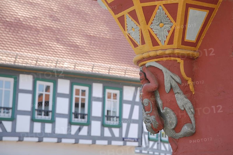 Wood carving with ornamentation on the bay window and half-timbering, detail, Einhardhaus, Seligenstadt, Main, Hesse, Germany, Europe