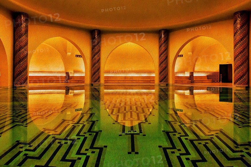 Hamam of Hassan II Mosque, architecture, interior, illustration, Casablanca, Morocco, Africa