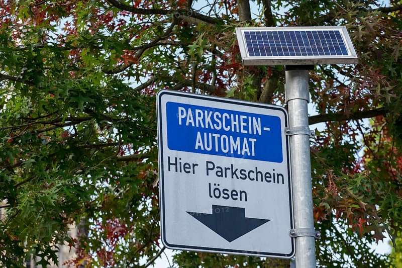Sign parking ticket machine, solar panel, Münsterland, North Rhine-Westphalia, Germany, Europe