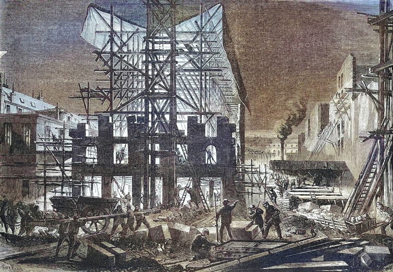 Night work for the construction of buildings, 1869, Moniteur, Paris, France, Historic, digitally restored reproduction of a 19th century original, exact original date unknown, Europe
