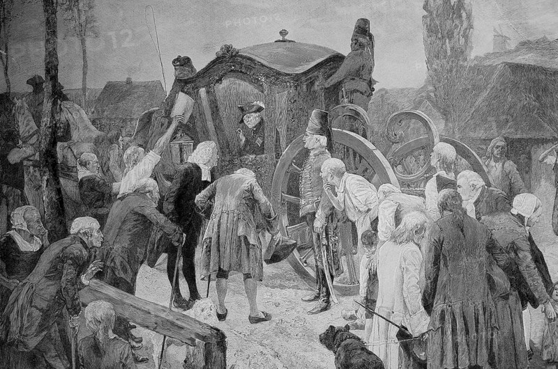Frederick II, 24 January 1712, 17 August 1786, was King of Prussia from 1740 to 1786, travelling in his carriage, Historic, digitally restored reproduction of an original 19th-century print