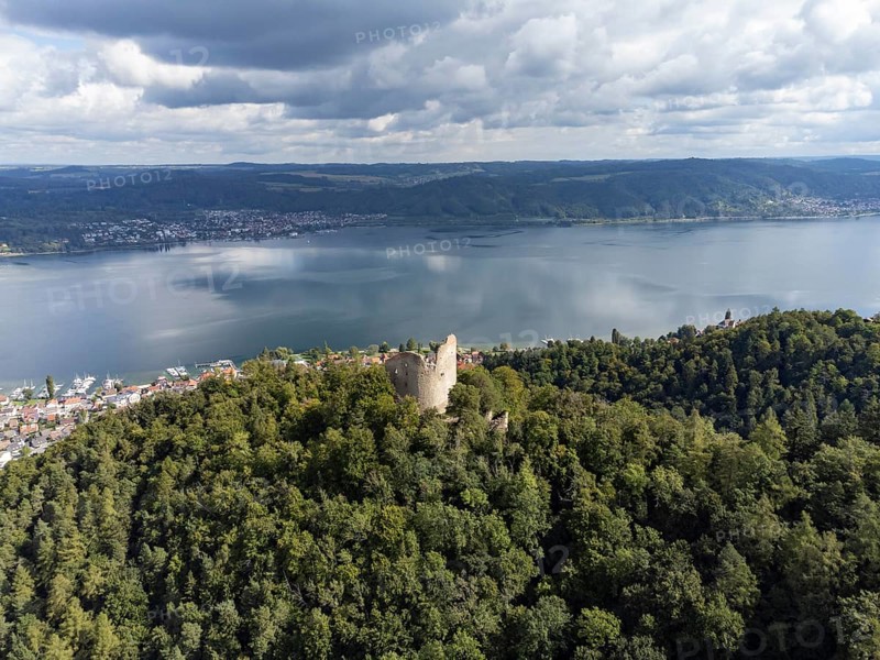 Aerial view of Lake Constance with the ruins of Altbodman with the village of Bodman-Ludwigshafen, Constance district, Baden-Württemberg, Germany, Europe