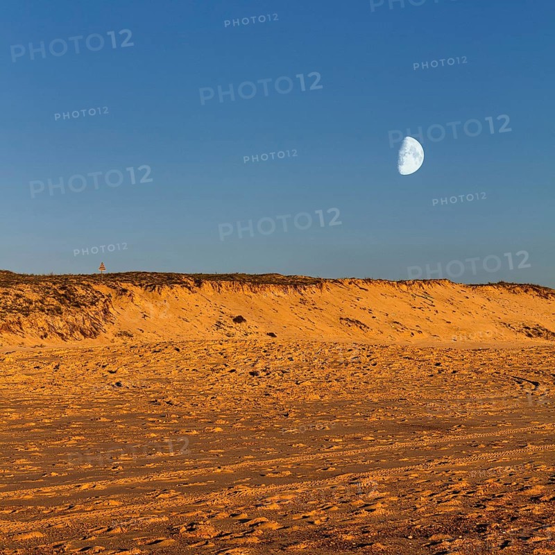 Coastline, dunes and beach at moonrise, Soustons Plage, Silver Coast, Côte dArgent, Atlantic Ocean, Soustons, Landes, Nouvelle-Aquitaine, France, Europe