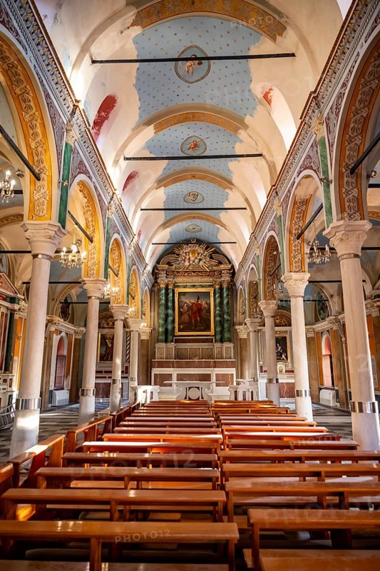 Interior view of the Basilica of San Giorgio in Ano Syros, nave with benches and altar, Ano Syros, Syros, Cyclades, Greece, Europe