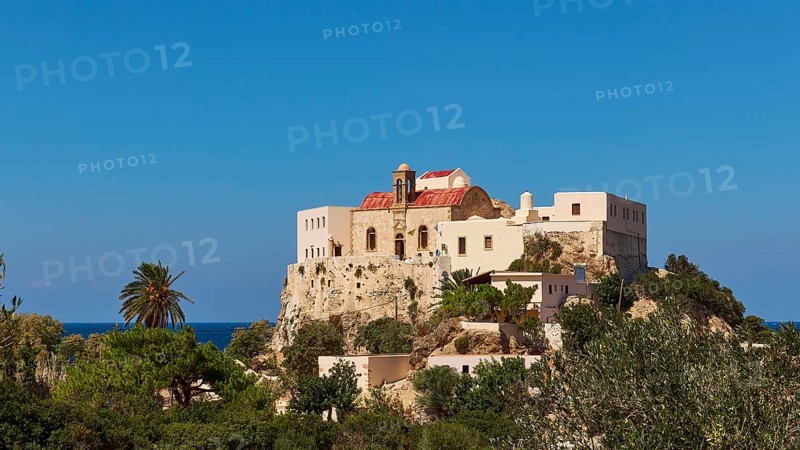 Church, red roof, sea, blue sky, palm tree, blue sky, Chrissoskalitissa, rock monastery, Orthodox monastery, southwest tip, Chania province, Crete, Greece, Europe
