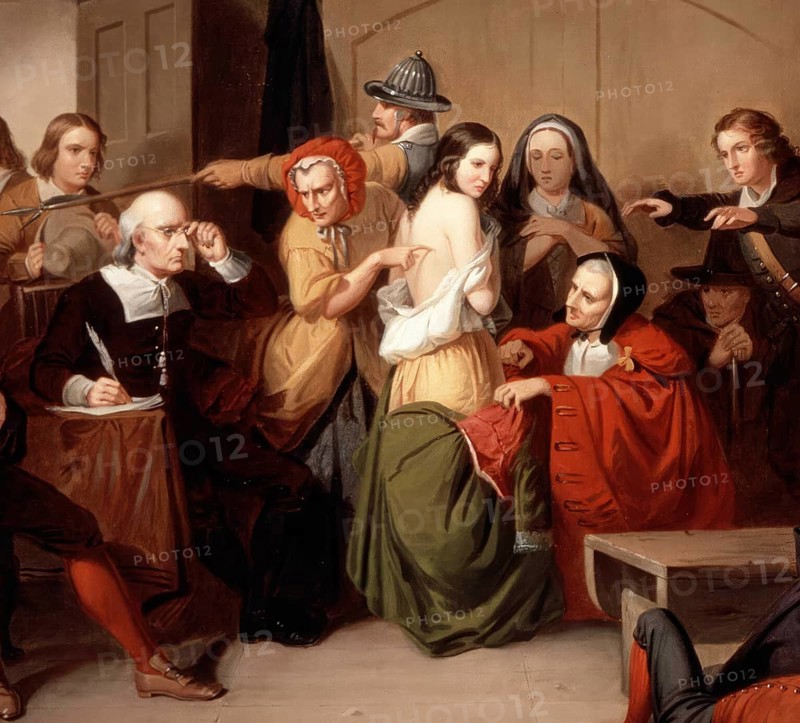 The examination of a woman for signs of witchcraft in the Middle Ages. The woman have denounced a young stranger as a witch and show the judge alleged witch marks, painting by Tompkins Matteson (detail), Historic, digitally restored reproduction from an original of the time