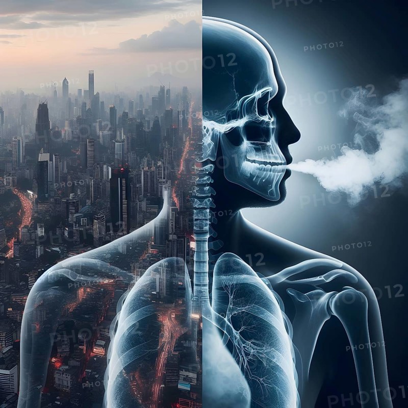 Air Pollution city and people suffers lung disease. Industrial pollution. Industrial smoke. Human lungs. AI generated