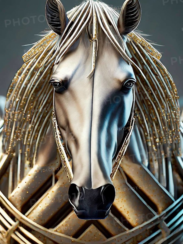 Horse, portrait as mystical mythical creature in golden and silver metallic 3D optics, fantasy world, art object, AI generated, AI generated
