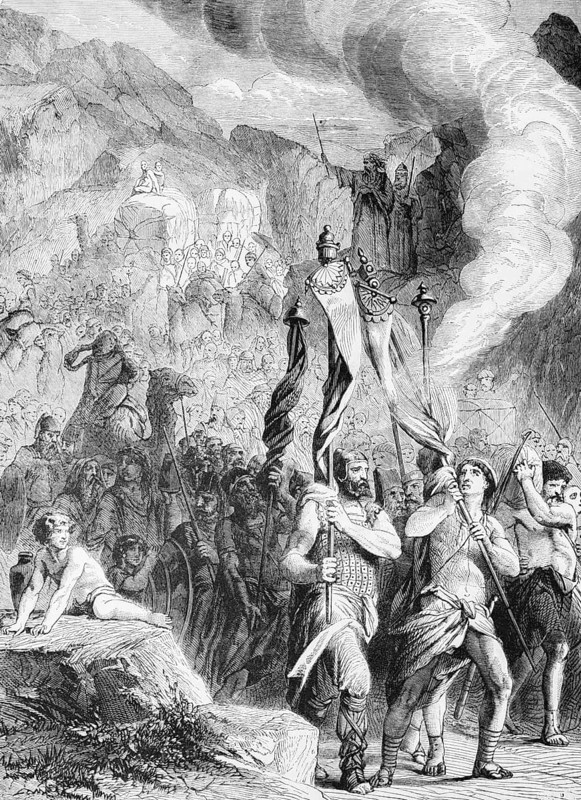 Procession of the children of Israel through the desert, crowd, standard, flag, marching, priests, mountains, landscape, Old Testament, Genesis, Fourth Book of Moses, historical illustration c. 1850