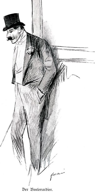 Portrait of a Boulevardier, author at the Boulevard Theatre, Paris, theatre, boulevard, fashion, jacket, top hat, pocket square, collar, moustache, France, historical illustration c. 1898, Europe