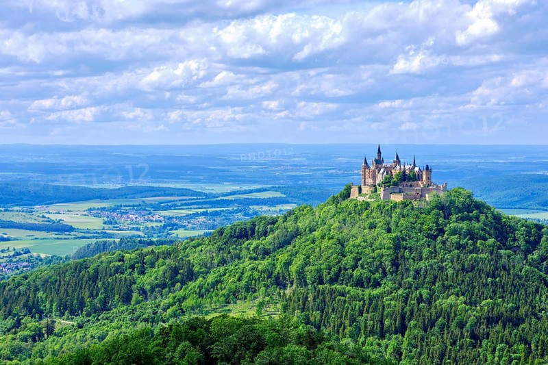 View of Hohenzollern Castle, the ancestral seat of the Hohenzollern dynasty, from the Zeller Horn on the Raichberg on the Zollernalb, Swabian Alb near Albstadt, Burladingen and Hechingen, Baden-Württemberg, Germany, Europe