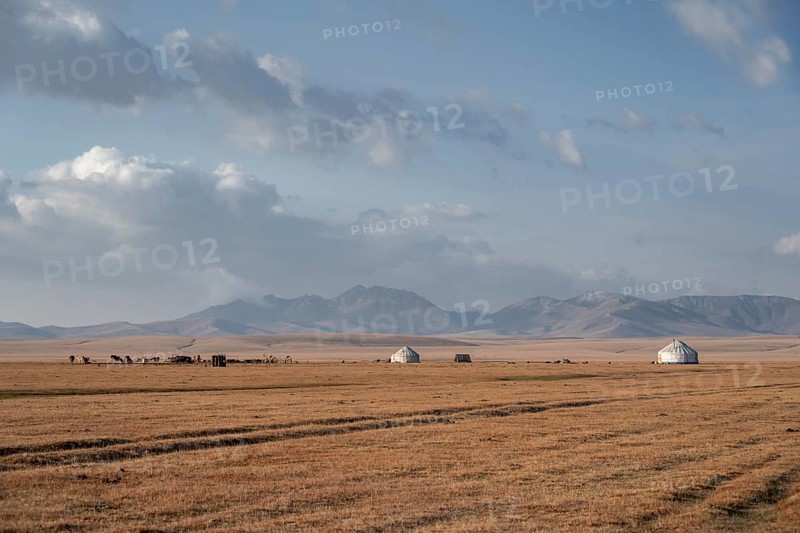 Yurts at Song Kul in autumn, Moldo Too Mountains, Naryn region, Kyrgyzstan, Asia