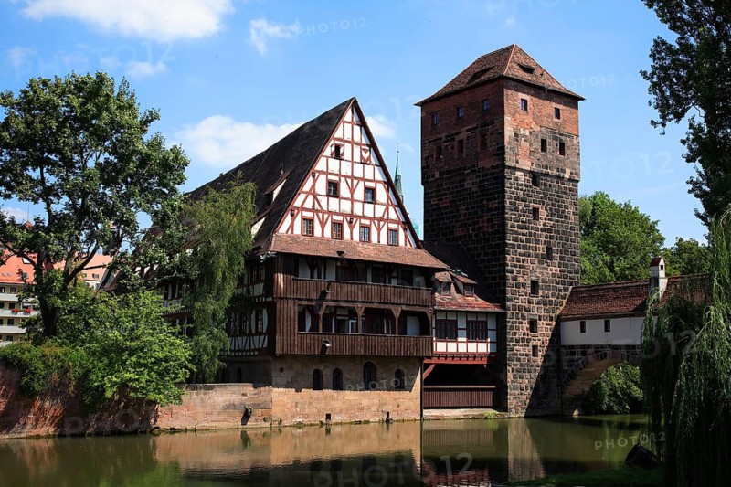 Weinstadel and water tower, the Weinstadel is the largest half-timbered building in Germany, 48 metres long, Nuremberg, Middle Franconia, Bavaria, Germany, Europe