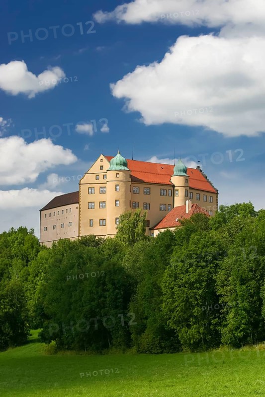 Kapfenburg Castle, architecture, historical building, castle of the Teutonic Order, former castle of the Teutonic Order, today cultural centre, international music academy, museum, blue sky with clouds, meadow, lawn, trees, plants, Lauchheim, Ostalbkreis, Baden-Württemberg, Germany, Europe