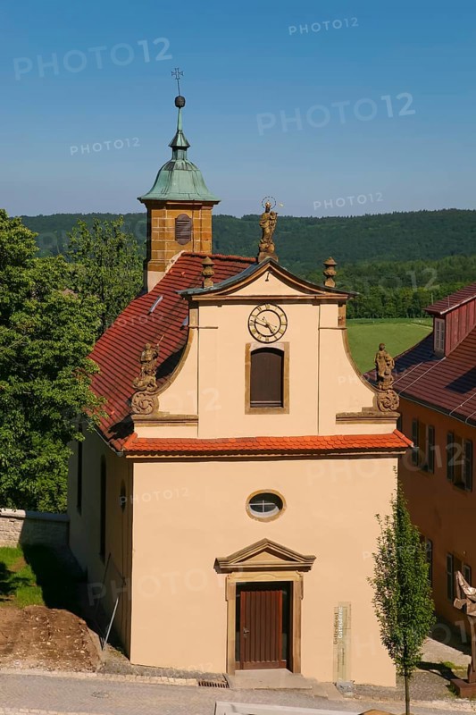 Kapfenburg Castle, house chapel, sacred building, church, clock, architecture, historical building, castle of the Teutonic Order, former castle of the Teutonic Order, today cultural centre, international music academy, museum, Lauchheim, Ostalbkreis, Baden-Württemberg, Germany, Europe
