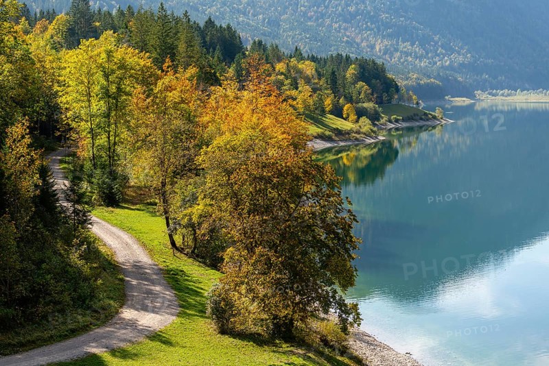 Intake structure at the Sylvenstein reservoir is used for flood protection, dams the Isar, power station, power generation, forest, hiking trail