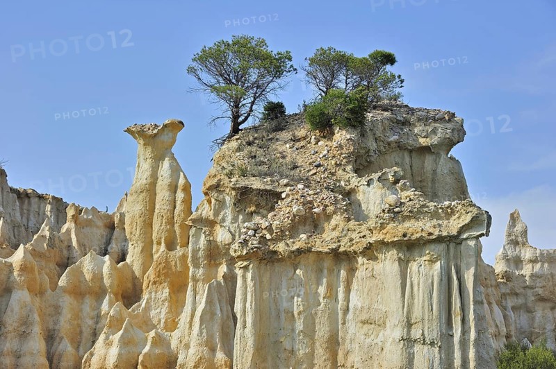 Strange rock formations created by water erosion at the Orgues d'Ille-sur-Têt in the Pyrénées-Orientales, Pyrenees, France, Europe