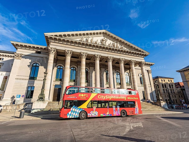 Bus for city tour in front of the National Theatre at Max-Joseph-Platz, Bavarian State Opera, Munich, Bavaria, Germany, Europe