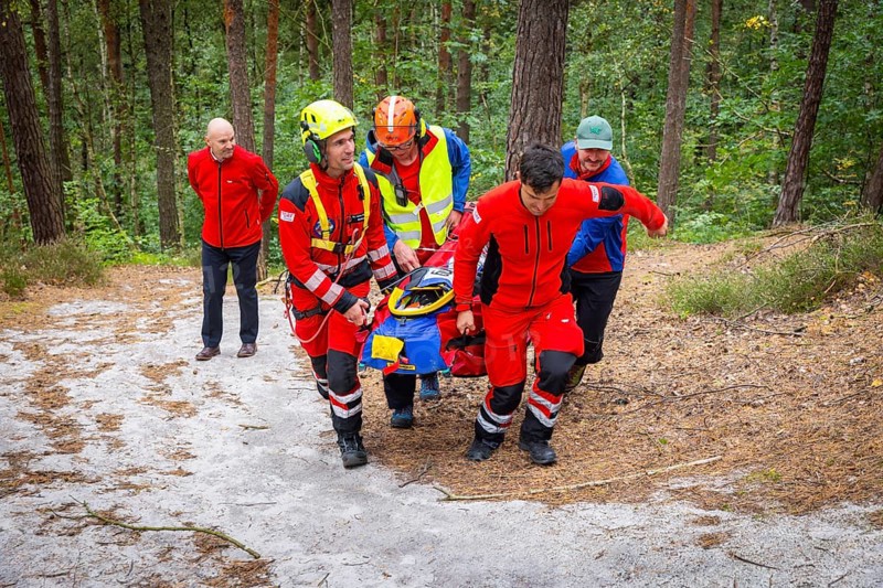 Winch rescue training of the rescue helicopter, Christoph 62, on the occasion of the 50th anniversary of the DRF Luftrettung. The rescue of casualties in the Elbe Sandstone Mountains will be practised