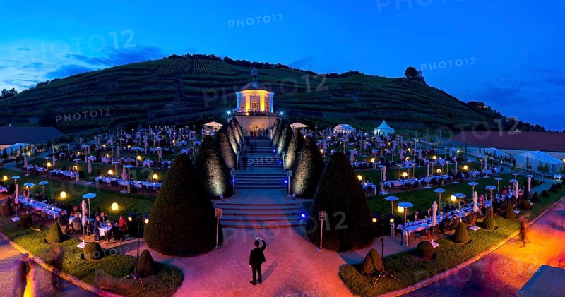 Summer night ball at Wackerbarth Castle. Schloss Wackerbarth or Wackerbarths Ruh' is a baroque castle surrounded by vineyards in the Niederlößnitz district of Radebeul on the road to Meissen, which serves as the seat of the Saxon State Winery. The winery belongs to the large Lößnitz vineyard and is located in the single vineyard Radebeuler Johannisberg