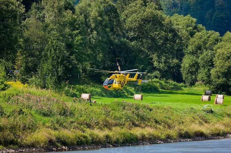 An ADAC rescue helicopter attempts to land on the banks of the Elbe in Schöna in Saxon Switzerland in difficult terrain. Air rescue is the use of rescue equipment by air in emergency medicine. Air rescue is used when the situation requires faster intervention than is possible by ground-based rescue services