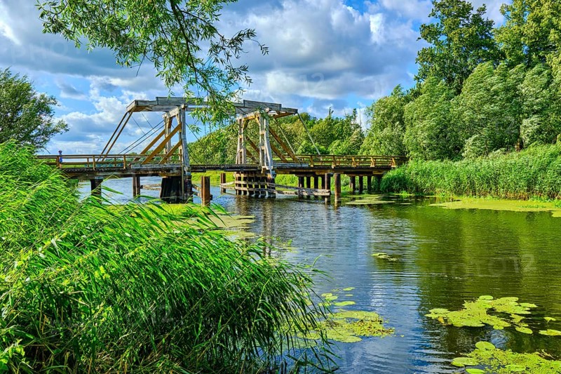 Listed wooden bascule bridge over the Trebel near Nehringen, Mecklenburg-Western Pomerania, Germany, Europe
